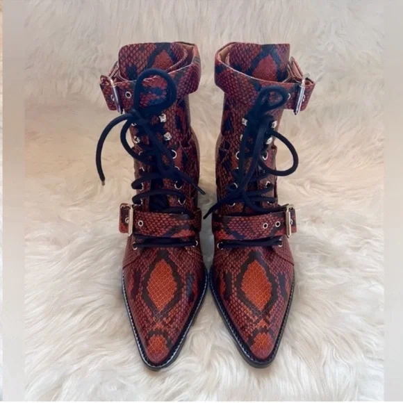 New! CHLOE Rylee Snake-Effect Leather Ankle Boots | Lace-Up Cutout Block Heel - Picture 12 of 16